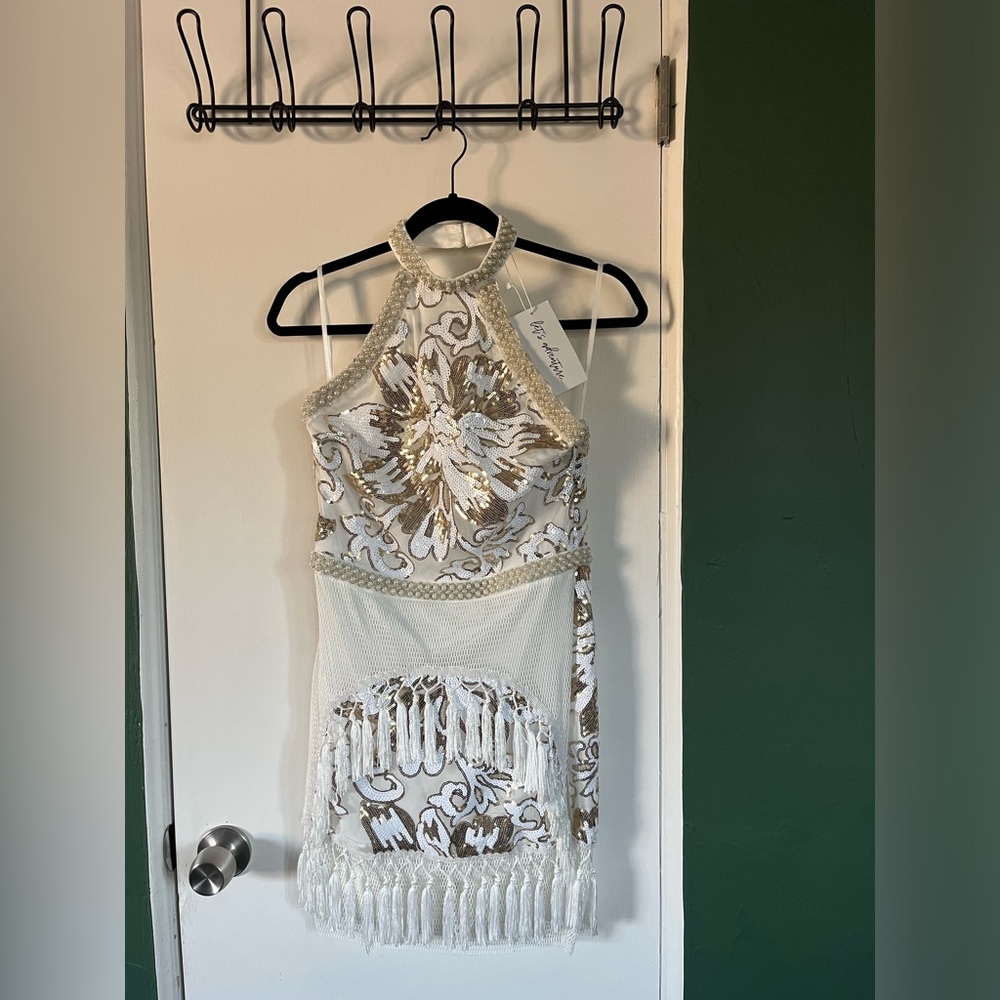 White and gold fringe mini dress